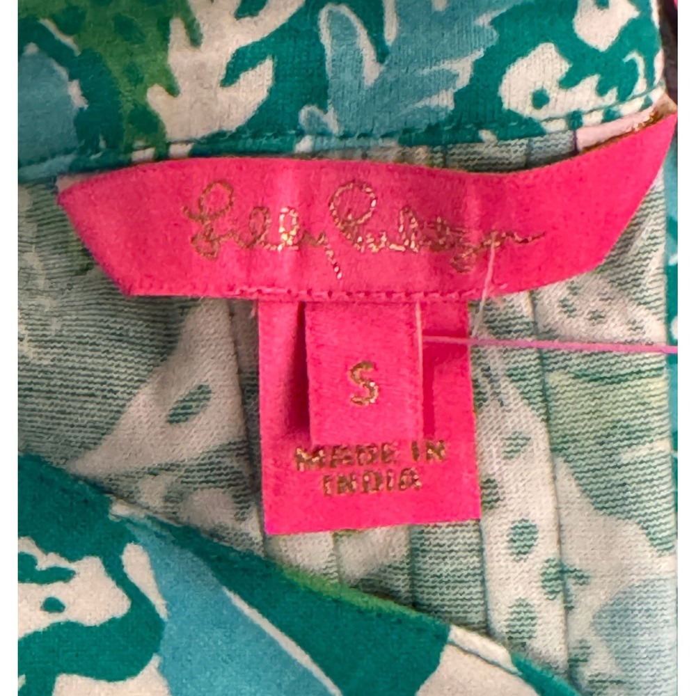 Lilly Pulitzer Golda Top Botanical Green Safari Sangria Floral Ruffle Top Size S - Picture 4 of 5